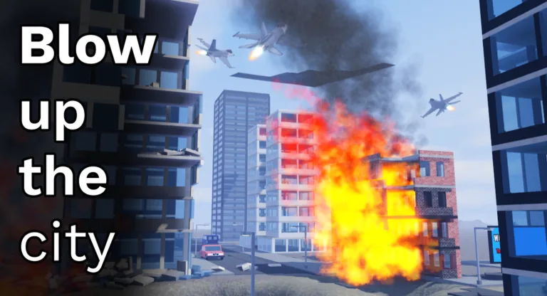 A street-level view down a city road with a damaged building on the left, a fireball and black smoke in the middle distance, jets overhead and a small red and white van on the road