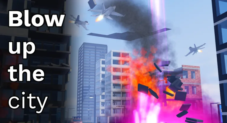 A city street between office towers with a large explosion, orange fire, flying black debris and bright magenta blast light, and military jets above the buildings