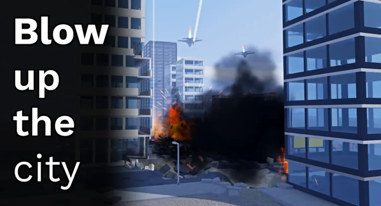 A rubble-strewn city street with broken concrete slabs, scattered debris, burning fires, heavy black smoke across the middle of the frame and two aircraft between the buildings
